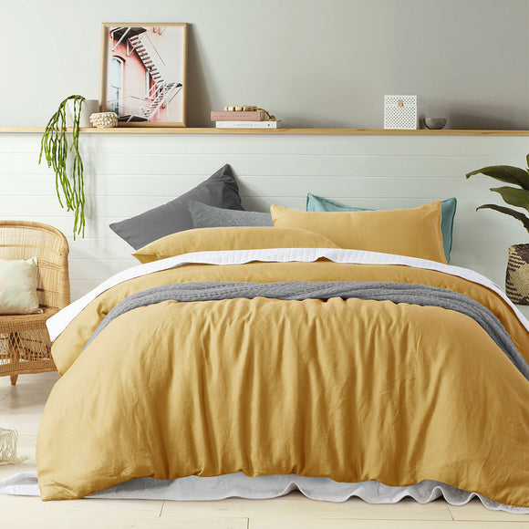 NNEDSZ Vintage Design Homewares 100% Linen Ochre Quilt Cover Set Queen