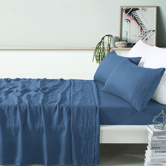 NNEDSZ Vintage Design Homewares 100% Linen Brilliant Blue Sheet Set King