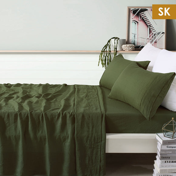 NNEDSZ Vintage Design Homewares 100% Linen Olive Sheet Set Super King