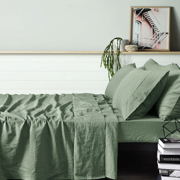 NNEDSZ Vintage Design Homewares 100% Linen Sage Sheet Set SUPER KING