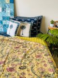 NNEDSZ Cotton Kantha Quilt/ Bedspread/ Coverlet/ Throw - Pastel yellow floral hand stitched Kantha