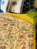 NNEDSZ Cotton Kantha Quilt/ Bedspread/ Coverlet/ Throw - Pastel yellow floral hand stitched Kantha