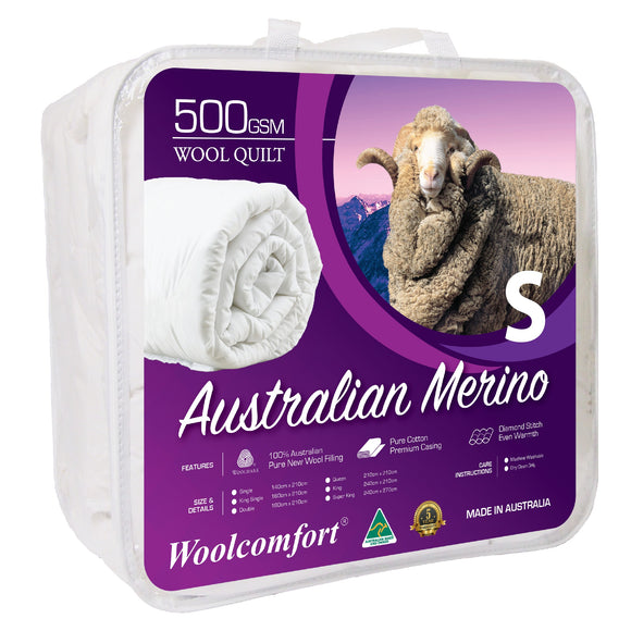 NNEDSZ Aus Made Merino Wool Quilt 500GSM 140x210cm Single Size