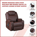NNEDSZ Brown Massage Sofa Chair Recliner 360 Degree Swivel PU Leather Lounge 8 Point Heated