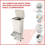 NNEDSZ 42L Rubbish Bin Waste Trash Can Pedal Recycling Kitchen Wheel 2 Compartment