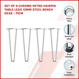 NNEDSZ Set of 4 Chrome Retro Hairpin Table Legs 12mm Steel Bench Desk - 71cm