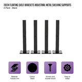 NNEDSZ 20cm Floating Shelf Brackets Industrial Metal Shelving Supports 4-Pack - Black