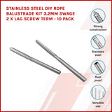 NNEDSZ Stainless Steel DIY Rope Balustrade Kit 3.2mm Swage 2 x Lag Screw Term - 10 pack