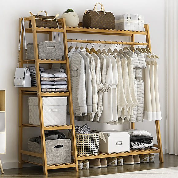 NNEDSZ Portable Clothes Rack Coat Garment Stand Bamboo Rail Hanger Airer Closet