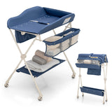 NNECW Foldable Diaper Changing Station Height Adjustable Changing Table with Lockable Wheels-Blue