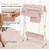 NNECW Foldable Diaper Changing Station Height Adjustable Changing Table with Lockable Wheels-Pink