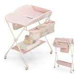 NNECW Foldable Diaper Changing Station Height Adjustable Changing Table with Lockable Wheels-Pink