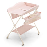 NNECW Foldable Diaper Changing Station Height Adjustable Changing Table with Lockable Wheels-Pink