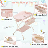NNECW Foldable Diaper Changing Station Height Adjustable Changing Table with Lockable Wheels-Pink