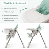 NNECW Foldable Convertible Baby High Chair with Adjustable Height and Removable Tray-Green