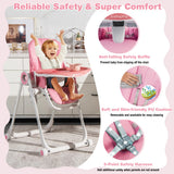 NNECW Baby High Foldable Feed Chair with 4 Lockable Wheels for Kitchen-Pink