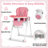NNECW Baby High Foldable Feed Chair with 4 Lockable Wheels for Kitchen-Pink