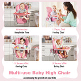 NNECW Baby High Foldable Feed Chair with 4 Lockable Wheels for Kitchen-Pink