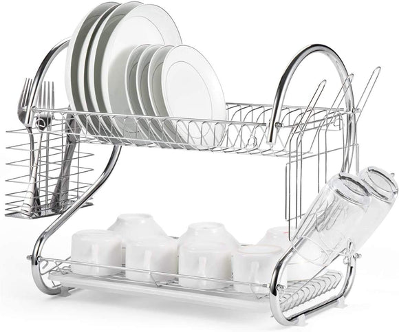 NNEDSZ HOME 2 Tier Dish Rack with Drain Board for Kitchen Counter and Plated Chrome Dish Dryer Silver 42 x 25,5 x 38 cm