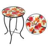 NNETM Outdoor Mosaic Side Table with Printed Maple Leaf Glass Top