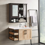 NNECW Wall Mounted Hanging Storage Cabinet Cupboard with Doors and 2 Mirrors for Bathroom Laundry-Brown