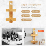 NNECW 2-Tier Waterproof Bamboo Hanging Shower Caddy with 2 Hooks