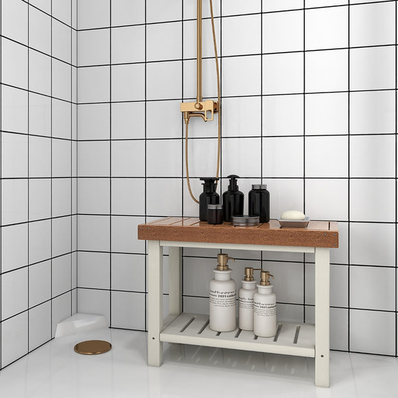 NNECW 2-Tier Waterproof Shower Bench with Storage Shelf & Anti-slip Pads