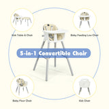 NNECW 5-in-1 Multifunctional Convertible Baby Highchair with Harness &amp Removable Tray-Beige