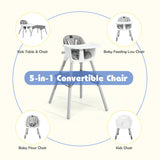 NNECW 5-in-1 Multifunctional Convertible Baby Highchair with Harness &amp Removable Tray-Grey