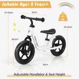 NNECW Balance Bike with Adjustable Handlebar and Seat for Toddler and Kids-White