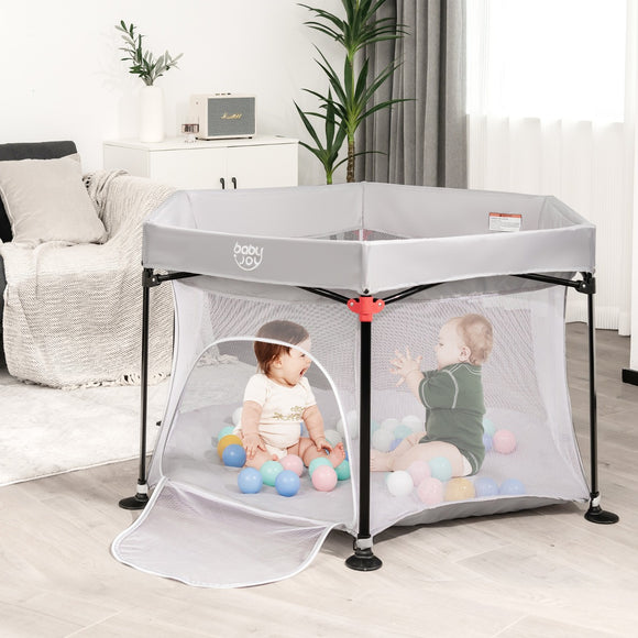 NNECW Portable Baby Playpen with Removable Canopy for Indoor & Outdoor Gray