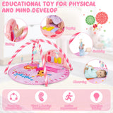 NNECW 4-in-1 Activity Play Mat with 5 Hanging Sensory Toys for Infant Pink