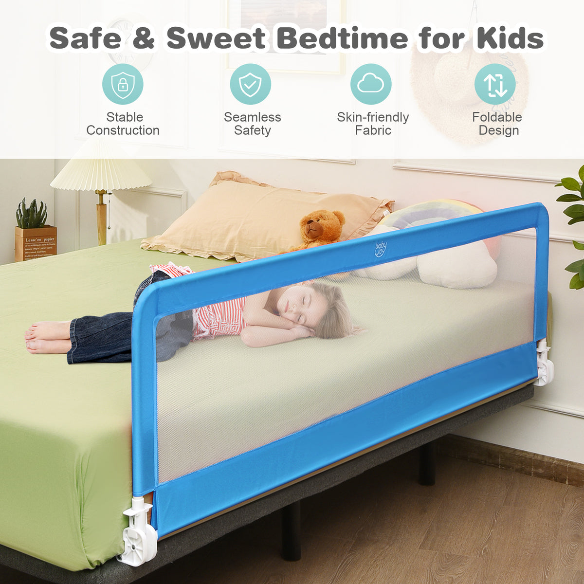 NNECW Foldable Mesh Bed Rail with Safety Straps for Toddlers-Blue – NNE ...