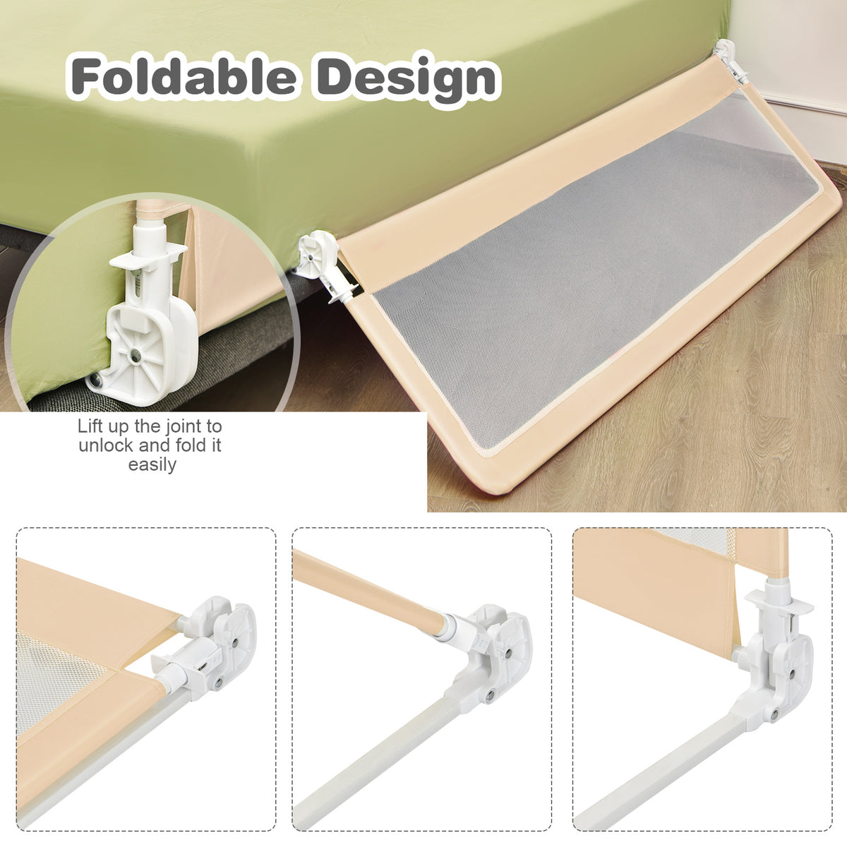 NNECW Foldable Mesh Bed Rail with Safety Straps for Toddlers-Beige ...