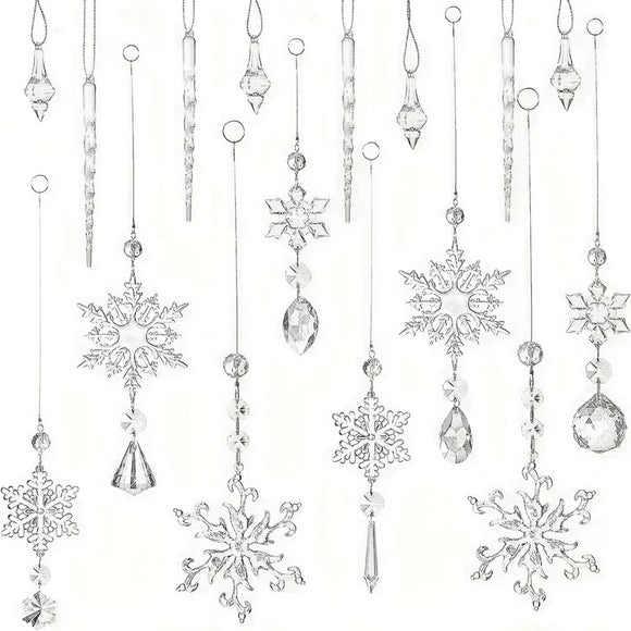 NNETM Crystal Elegance: Set of 16 Transparent Christmas Snowflake Ornaments