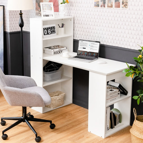 NNECW Modern 3-in-1 Wooden Computer Desk with 6-Tier Storage Bookshelves-White