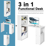 NNECW Modern 3-in-1 Wooden Computer Desk with 6-Tier Storage Bookshelves-White