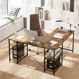 NNECW 151CM Convertible L-shaped Computer Desk with 4 Storage Shelves for Home Office-Brown