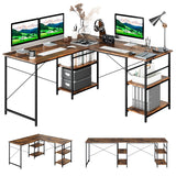 NNECW 151CM Convertible L-shaped Computer Desk with 4 Storage Shelves for Home Office-Brown