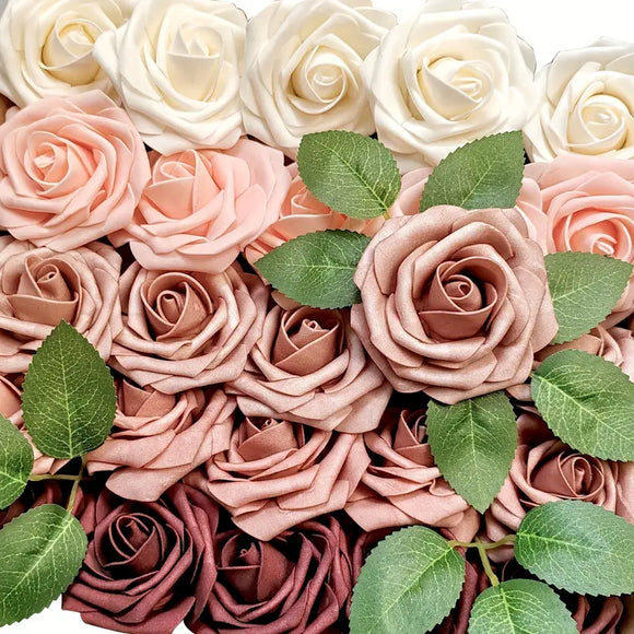 NNETM Exquisite 25-Piece Champagne Red Artificial Rose Flower Arrangement