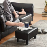 NNETM Small Wooden Leg Ottoman: Black PU Faux Leather Footrest
