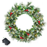NNECW 0.6M Snowy Christmas Wreath with 50 LED Lights and 110 PVC tips for Decorations