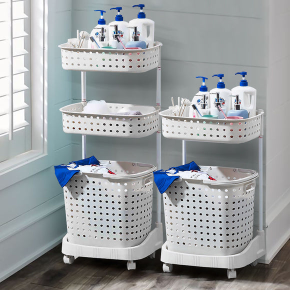 NNEIDS 2 Tier Bathroom Laundry Clothes Baskets Bin Hamper Mobile Rack Removable Shelf