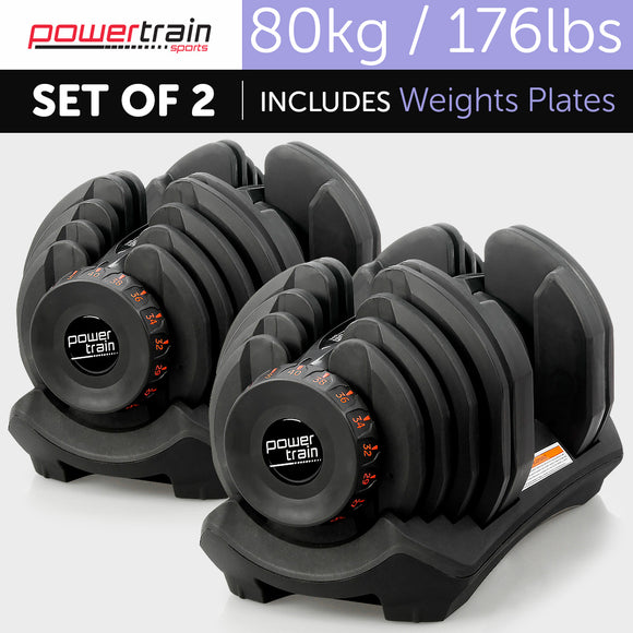 NNEDPE 2x 40kg Powertrain Adjustable Dumbbells Home Gym Set
