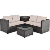 NNECW 4 Pieces Outdoor Rattan Furniture Set with Cushioned Loveseat Storage Table for Patio