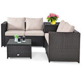 NNECW 4 Pieces Outdoor Rattan Furniture Set with Cushioned Loveseat Storage Table for Patio