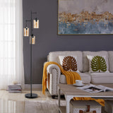 NNECW Freestanding Floor Lamp with 3-Head Hanging Amber Glass Shade