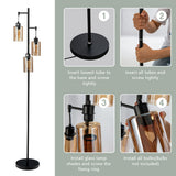 NNECW Freestanding Floor Lamp with 3-Head Hanging Amber Glass Shade