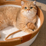 NNETM Cat Ear Shape Thickened Woven Cat Scratching Board Pet Bed - Khaki White