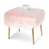 NNECW Square Furry Ottoman Seat with Golden Metal Legs-Pink